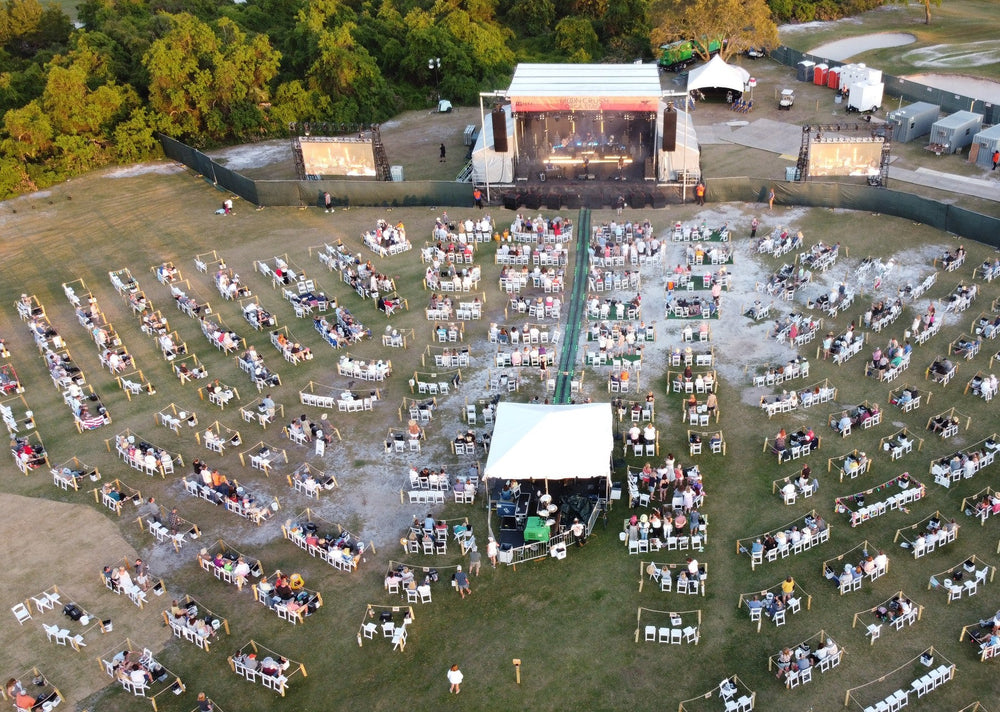 Aerial view of the Moon Crush festival stage and spaced-out viewing areas