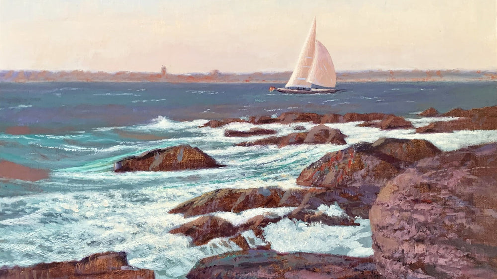 A painting of a J-boat sailing off Newport past a rocky shoreline
